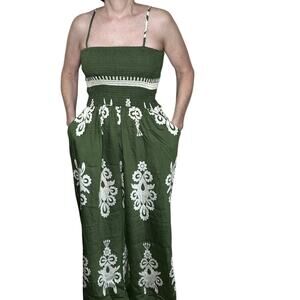AZ Clothing womens size L/XL  jumpsuit olive green/white smocking stretchy